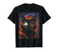 Chat Noir Surréaliste Espace Galaxie Lunettes Lune Rétro T-Shirt