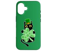 Chat Noir Tenant Un trèfle Amusant pour la Saint-Patrick Coque pour iPhone 16