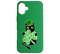 Chat Noir Tenant Un trèfle Amusant pour la Saint-Patrick Coque pour iPhone 16 Plus