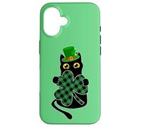 Chat Noir Tenant Un trèfle Buffalo Plaid St Patrick Day Kids Coque pour iPhone 16