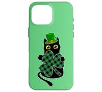 Chat Noir Tenant Un trèfle Buffalo Plaid St Patrick Day Kids Coque pour iPhone 16 Pro Max