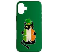 Chat Noir Tenant Un trèfle Drapeau Irlandais pour la Saint-Patrick Coque pour iPhone 16 Plus