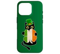 Chat Noir Tenant Un trèfle Drapeau Irlandais pour la Saint-Patrick Coque pour iPhone 16 Pro