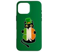 Chat Noir Tenant Un trèfle Drapeau Irlandais pour la Saint-Patrick Coque pour iPhone 16 Pro Max