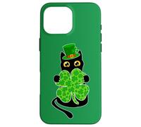 Chat Noir Tenant Un trèfle imprimé léopard Coque pour iPhone 16 Pro Max