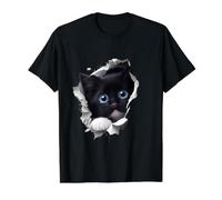 Chat Noir Yeux Bleus - Regard Depuis Ouverture T-Shirt Graphique avec Valeur