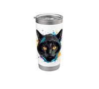 Chat Noir Yeux Jaunes Chat Heureux Chats Gobelet isotherme en acier inoxydable double paroi