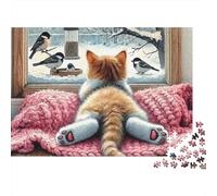 Chat Observe des Oiseaux Puzzle 1000 Pièces Papier pour Adultes Scène de fenêtre Puzzle en Famille Décoration Détente Cadeau 38x26cm/1000pcs