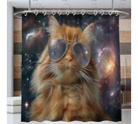 Chat Orange Portant des Lunettes dans l'espace Rideau De Douche 180 * 200cm Portrait d'animal Rideaux De Douche, Lavable Imperméable Rideaux De Douches pour Salle De Bain Baignoire Hôtel, Orange