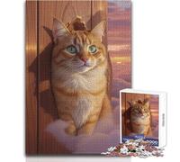 Chat Orange Qui Regarde par Une Porte en Bois - Puzzle de 1000 pièces pour Adultes - Jeu d'adresse interactif et éducatif - Idée Cadeau Originale et Pleine de Sens - Dimensions:38x52cm