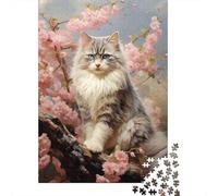 Chat pelousse en Fleurs de cerisiers Puzzle À 1000 Morceaux Papier Épais Puzzle Familial Passionnés De Casse-tête Compatible Plateau Activité Lien Familial 38x26cm/1000pcs