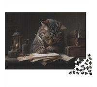 Chat Philosophe Assis derrière des Livres | pour Adultes |Bibliothèque médiévale| 1000pcs (75x50cm) Puzzles Jeux ÉduChatifs Puzzles De Décoration Intérieure