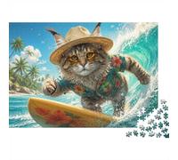 Chat Plage Surf Puzzle, 1000 Pcs Jeu D'intérieur Adulte | 38x26cm Carton, Exercice Cérébral, Ajustement Précis, Amateurs D'art, Réduction Du Stress