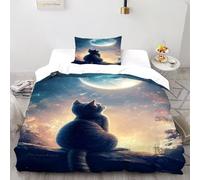 Chat planète Housse De Couette 2 Pièces Animal Theme Imprimé De Couvre-Lit Microfibre pour Adulte Et Enfant avec 1 Taie d'oreiller Single（135x200cm）
