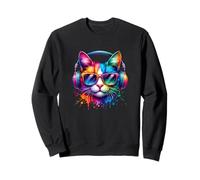 Chat Portant des écouteurs et des Lunettes de Soleil EDM Rave Design Sweatshirt