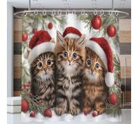 Chat Portant Un Bonnet De Père Noël Rideau De Douche 200 * 200cm, Animal Mignon Lavable Imperméable Rideaux De Douche pour Salle De Bain Domicile Baignoire Cabine De Douch, Brun