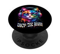 Chat Portant Un Casque Drop The Bass EDM DJ Rave Design PopSockets PopGrip Adhésif