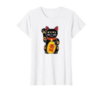 Chat Porte-Bonheur Chat Mignon Maneki-Neko Chat à Angle T-Shirt Graphique avec Valeur, Femme, Blanc, XS