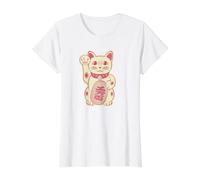 Chat Porte-Bonheur Chat Mignon Maneki-Neko Chat Design Moderne T-Shirt Graphique avec Valeur, Femme, Blanc, S