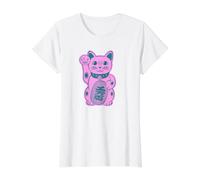 Chat Porte-Bonheur Chat Mignon Maneki-Neko Chat Design Moderne T-Shirt Graphique avec Valeur, Femme, Blanc, S
