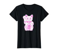 Chat Porte-Bonheur Chat Mignon Maneki-Neko Chat Design Moderne T-Shirt Graphique avec Valeur, Femme, Noir, M