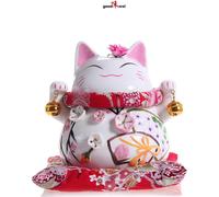 Chat porte-bonheur japonais „Maneki-Neko” en porcelaine – tirelire et talisman (moyen)
