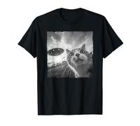 Chat Prend des Selfies avec OVNI - Design Photo Noir et Blanc T-Shirt