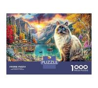 Chat près du lac montagneux 1000 Pièces Premium Art d'animal de Compagnie Puzzle Classique Carton Haut De Gamme - Anti-Stress, Déco Murale, Bon Cadeau pour Femmes, Hommes & Seniors 38x26cm/1000pcs