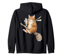 Chat Roux Volant sur Un Balai avec Poisson Sweat à Capuche