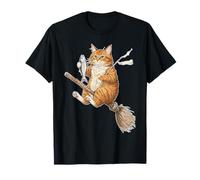 Chat Roux Volant sur Un Balai avec Poisson T-Shirt