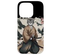 Chat Samouraï 狭義 Japonais avec Corbeaux Art Katana Animal Coque pour iPhone 14 Pro