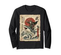 Chat samouraï chevauchant Un Requin Great Wave Japonais Osaka Vintage Manche Longue