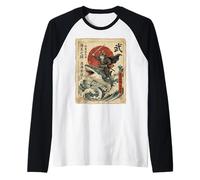Chat samouraï chevauchant Un Requin Great Wave Japonais Osaka Vintage Manche Raglan