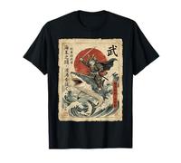 Chat samouraï chevauchant Un Requin Great Wave Japonais Osaka Vintage T-Shirt