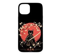 Chat samouraï féroce avec épée et Fleurs de Cerisier Coque pour iPhone 15 Plus