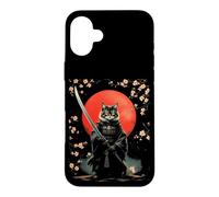 Chat samouraï féroce avec épée et Fleurs de Cerisier Coque pour iPhone 16 Plus
