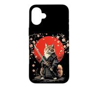 Chat samouraï féroce avec épée et Fleurs de Cerisier Coque pour iPhone 16 Plus