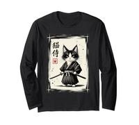 Chat samouraï Japonais Sumi-e Kawaii Tuxedo Cat Warrior Art Manche Longue