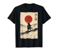 Chat Samouraï Solitaire Lune Rouge Minimaliste Ukiyo-e Manga Kanji Art T-Shirt Graphique avec Valeur