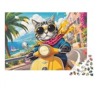 Chat Scooter Côte Puzzle, 1000 Pièces Jeu D'intérieur Adulte | 52x38cm Carton, Exercice Cérébral, Ajustement Précis, Amateurs D'art, Réduction Du Stress