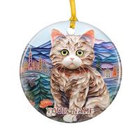 Chat Scottish Fold Christmas Hanging Céramique Décoration De Noël À Suspendre avec Ficelle Dorée Sapin Décoration D'Ornement De Noël