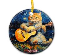 Chat Scottish Fold sur l'herbe dans Une Nuit Étoilée Christmas Hanging avec Ficelle Dorée Sapin Décoration D'Ornement De Noël Céramique Décoration De Noël À Suspendre
