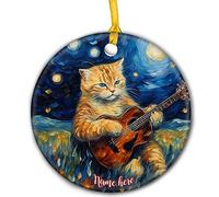 Chat Scottish Fold sur l'herbe dans Une Nuit Étoilée Décoration De Noël À Suspendre avec Ficelle Dorée Sapin Décoration D'Ornement De Noël Céramique Christmas Hanging