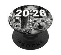 Chat Selfie à New York Happy New Year 2026 Ball Drop PopSockets PopGrip Adhésif