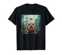 Chat Selfie avec OVNIS Impression Bizarre Espace Graphique Drôle T-Shirt