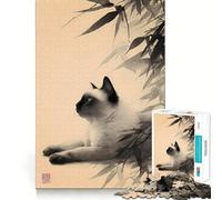 Chat Siamois avec Peinture de Bambou, Puzzle de 1000 pièces pour Adultes, Jeu de réflexion, Calme et détente, décoration Murale aux Lignes épurées 50x75cm