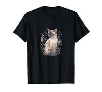 Chat Siamois avec vignes Lilas Floral Violet esthétique Jardin T-Shirt