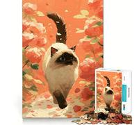 Chat Siamois dans Une roseraie Puzzle de 1000 pièces pour Adultes Jeu de réflexion et de détente Design apaisant Cadeau de Saison 38x26cm