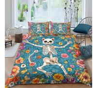 Chat Skeleton Dancing Linge de Lit Léger résistante 3 Pièces 3D Effet Floral Art Vibrant Housse de Couette avec 2 Taies d'oreiller Hypoallergique for Chambre de Adolescents King（220x240cm）