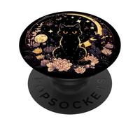 Chat Sorcière Kawaii Lune Cristal Noir Pastel Goth Mignon PopSockets PopGrip Adhésif